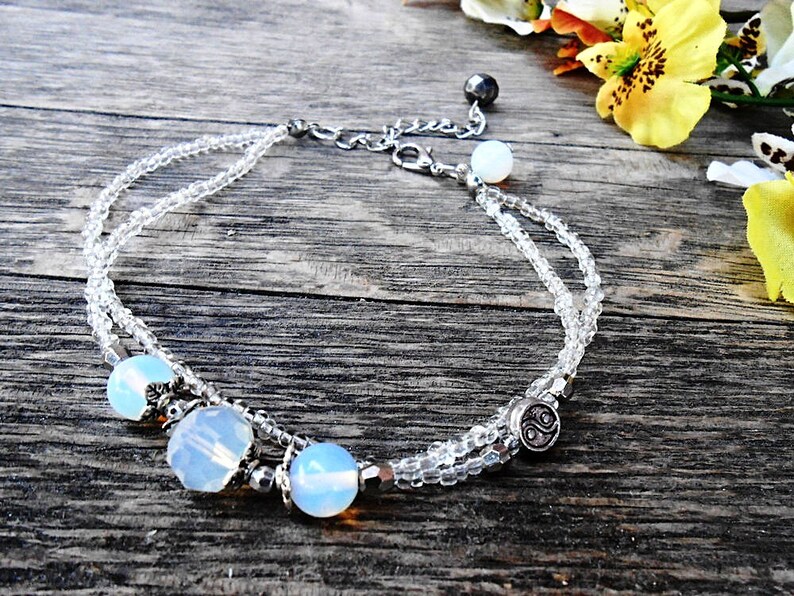 Moonstone Opalite Anklet Foot Bracelet Boho Beach Summer Yin Yang Feng Shui Healing Gemstone Crystal Stone Women Gift Bohemian Sandal Gipsy image 2