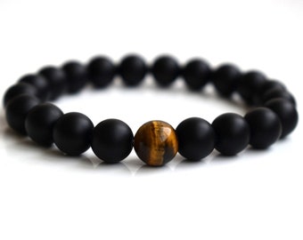 Black Matte Onyx Tigers Eye Mens Beaded Gemstone Bracelet Mala Healing Stone Crystal Yoga Boys Bracelet Meditation Zen Prayer Fathers Gift