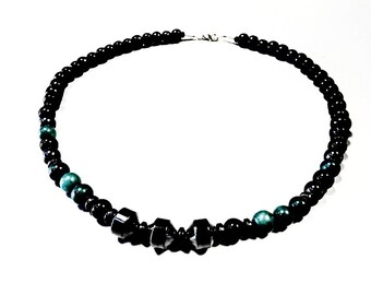 Mens Necklace Black Onyx Hematite Agate Beaded Mala Gray Healing Crystal Stone Graffiti Meditation Gem Jewelry Gift For Him Mineral Bead