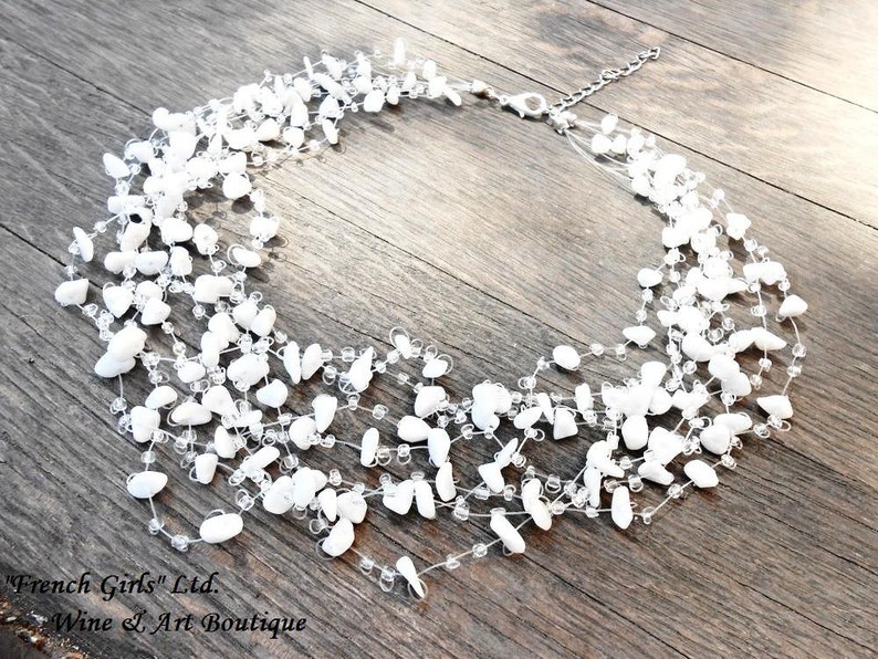 White Agate Wedding Necklace Multistrand Floating Raw Gemstone Glass Seed Beads Air Crochet Necklace Floating Multistrand Bridal Necklace image 2