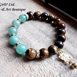 Tigers eye Bracelet Green Jade Nephrite Gemstone Beaded Butterfly Gold Plated Charm Pendant Healing Crystal Stone Yoga Meditation Jewelry image 2