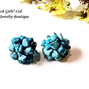 Raw Turquoise Gemstone Clip on Earrings Flower Shaped Cut Rough Gem Healing Crystal Stone Floral Victorian Boho Bohemian Jewelry