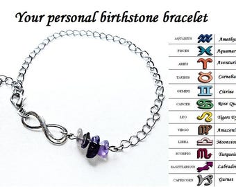 Personalized Birthstone Infinity Bracelet Custom Birthday Stone Zodiac Horoscope Sign Raw Gemstone Yoga Meditation Cut Rough Chain Jewelry