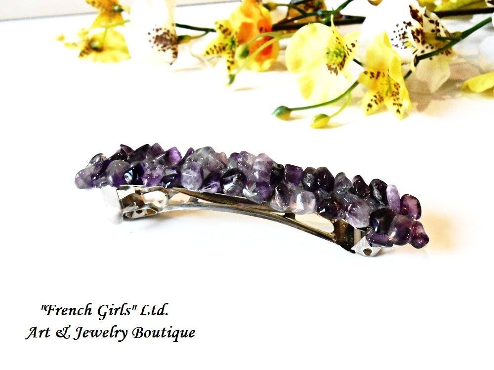 Raw Amethyst Barrette Gemstone Hair Pin Clip Cut Rough Gems Purple Violet Gemstone Barettes Women Fashion Hair Accessories Nickel Free Clip