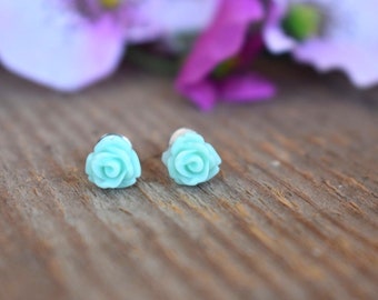 Mint Green Rose Stud Earrings Flower Plastic Resin Tiny Floral Post Bohemian Jewelry Nickel Free Metal Surgical Steel Pin Boho Romantic Stud