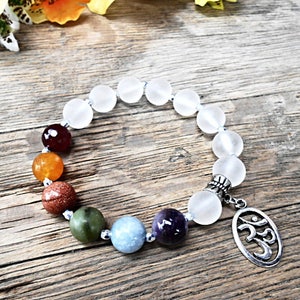 Chakra Gemstone Bracelet Agate Clear quartz Rock Crystal Beaded Healing Crystal Stone Yoga Zen Meditation Mala Jewelry Ohm Charm Pendant image 4