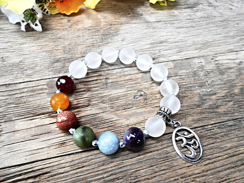 Chakra Gemstone Bracelet Agate Clear quartz Rock Crystal Beaded Healing Crystal Stone Yoga Zen Meditation Mala Jewelry Ohm Charm Pendant image 4