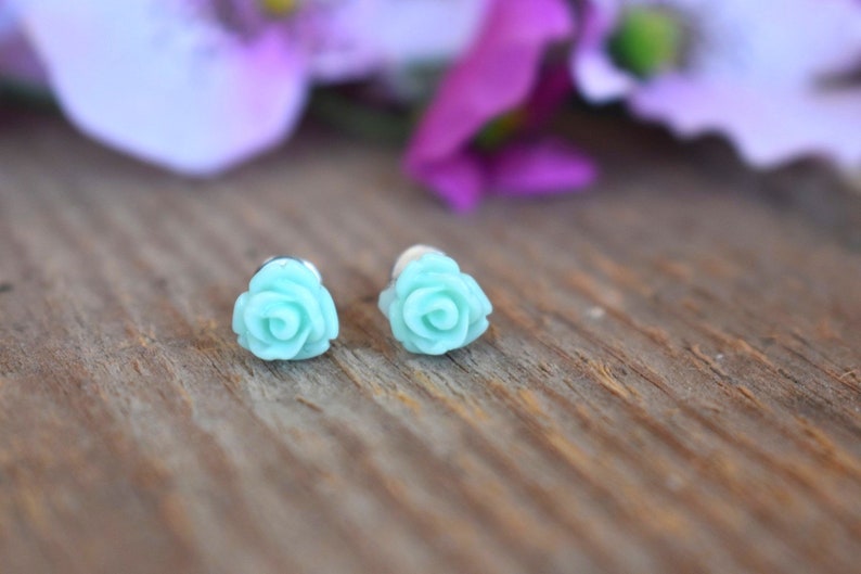 Mint Green Rose Stud Earrings Flower Plastic Resin Tiny Floral - Etsy