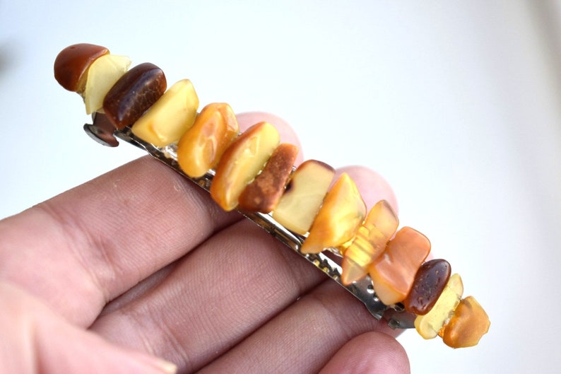 Raw Baltic Amber Barrette Yellow Orange Genuine Natural Gemstone Hair Pin Clip Barettes Hair Accessories Clip Hair Bun Holder Women Hair