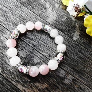 Rose Quartz Gemstone Boho Bracelet Pink White Healing Crystal Stone Yoga Bracelet Murano Glass Flower Lampwork Bead Fashion Bohemian Jewelry image 6