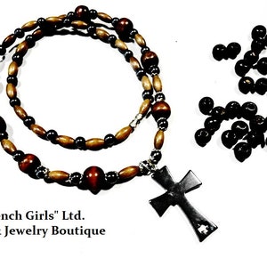 Mens Cross Crucifix Wooden Gemstone Necklace Beaded Hematite Dark Brown Wood Pendant Meditation Mala Yoga Zen Brown Healing Stone Crystal