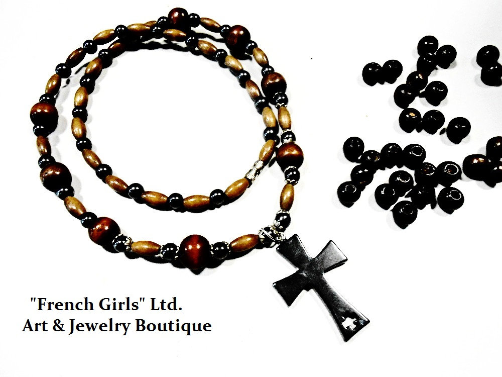 Mens Cross Crucifix Wooden Gemstone Necklace Beaded Hematite Dark Brown Wood Pendant Meditation Mala Yoga Zen Brown Healing Stone Crystal