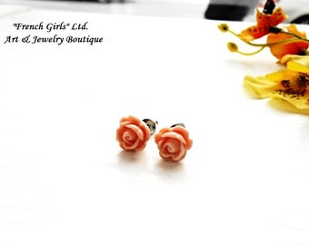 Light Orange Peach Rose Stud Earrings Flower Resin Tiny Floral Post Bohemian Jewelry Surgical Steel Pins Boho Roses Women Girl Gift Fashion