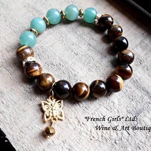 Tigers eye Bracelet Green Jade Nephrite Gemstone Beaded Butterfly Gold Plated Charm Pendant Healing Crystal Stone Yoga Meditation Jewelry image 1