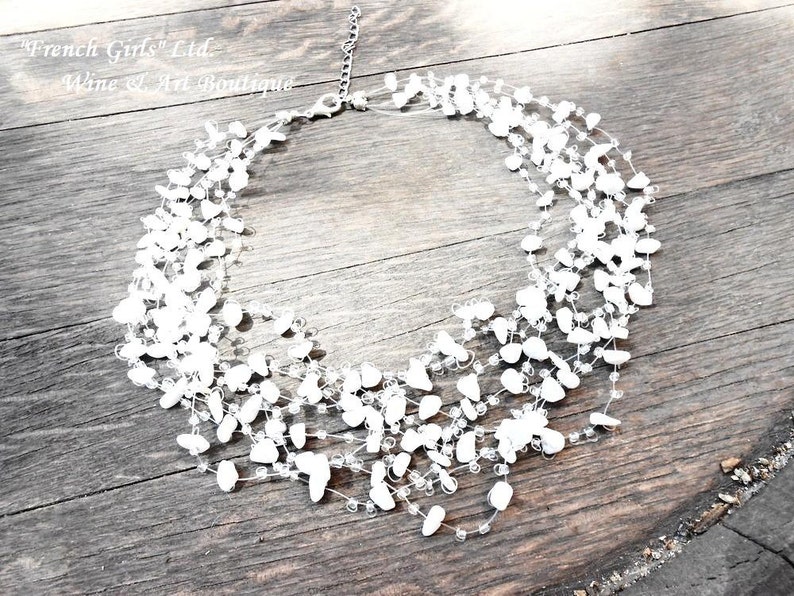 White Agate Wedding Necklace Multistrand Floating Raw Gemstone Glass Seed Beads Air Crochet Necklace Floating Multistrand Bridal Necklace image 4