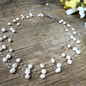 Wedding Freshwater Necklace Natural White Pearl Crochet Multistrand Floating Invisible Illusion Air Bride Bridal Bridesmaid Jewelry