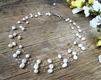 Wedding Freshwater Necklace Natural White Pearl Crochet Multistrand Floating Invisible Illusion Air Bride Bridal Bridesmaid Jewelry