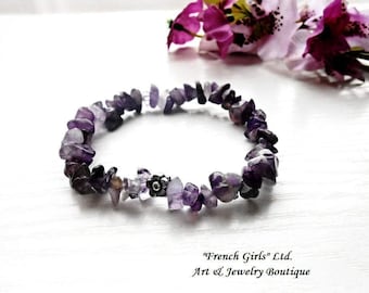 Raw Amethyst Bracelet Gemstone Meditation Chakra Healing Crystal Purple Violet Flower Charm Bracelet Cut Rough Irregular Stone Zen Jewelry