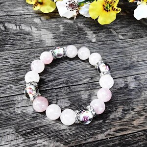 Rose Quartz Gemstone Boho Bracelet Pink White Healing Crystal Stone Yoga Bracelet Murano Glass Flower Lampwork Bead Fashion Bohemian Jewelry image 2