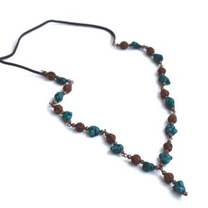 Rudraksha Raw Turquoise Buddhist Beaded Necklace Copper Beads Cut Rough Stone Statement Mineral Jewelry Boho Bohemian Healing Crystal Gem