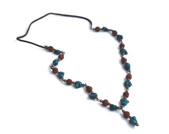 Rudraksha Raw Turquoise Buddhist Beaded Necklace Copper Beads Cut Rough Stone Statement Mineral Jewelry Boho Bohemian Healing Crystal Gem