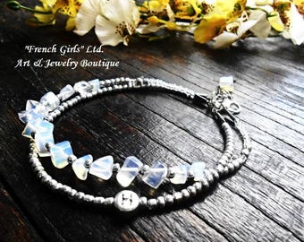 Raw Moonstone Opalite Custom Anklet Personalized Alphabet Letter Foot Bracelet Boho Beach Summer Gemstone Gift Women Girl Bohemian Sandal