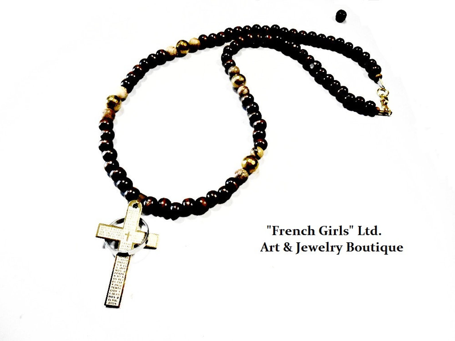 Wooden Mens Cross Crucifix Necklace Beaded Gemstone Gold Etsy