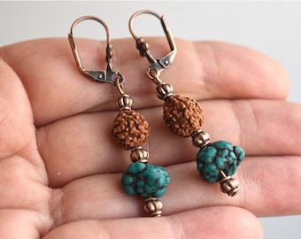 Rudraksha Turquoise Buddhist Dangle Drop Earrings Gemstone Beaded Boho Healing Crystal Blue Stone Bohemian Earrings Boho Jewelry