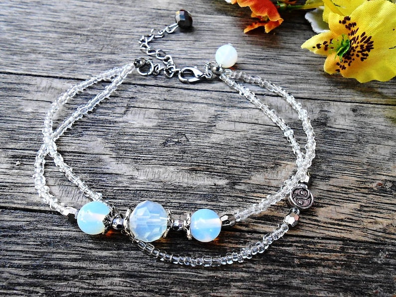 Moonstone Opalite Anklet Foot Bracelet Boho Beach Summer Yin Yang Feng Shui Healing Gemstone Crystal Stone Women Gift Bohemian Sandal Gipsy image 4