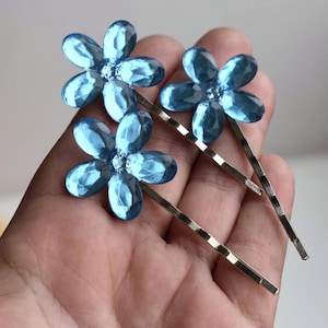 Set of 3 Blue Crystal Forget Me Not Flower Hair Bobby Pins Hairpiece Bridal Wedding Bride Accessories Boho Bun Holder Maker Something Blue