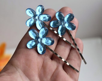 Set of 3 Blue Crystal Forget Me Not Flower Hair Bobby Pins Hairpiece Bridal Wedding Bride Accessories Boho Bun Holder Maker Something Blue