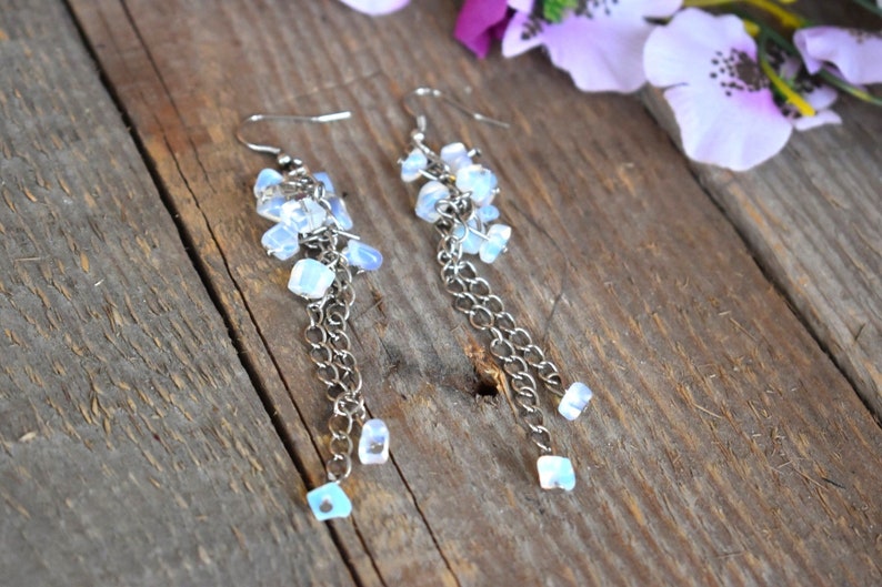 Raw Moonstone Opalite Dangle Beaded Blue Earrings Gemstone Genuine Bohemian Boho Cut Rough Art Jewelry Healing Raw Stone Crystal Earrings image 7