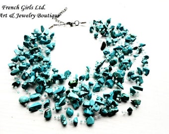 Raw Turquoise Necklace Gemstone Air Invisible Crochet Multistrand Floating Blue Statement Necklace Boho Bohemian Jewelry Women Girl Gift