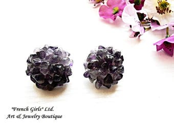 Raw Amethyst Clip on Earrings Gemstone Flower Shaped Purple Violet Bohemian Crystal Vintage Style Clipon Earrings Boho Chic Cut Rough Stone