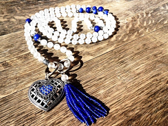 108 Mala Tassel Necklace Rock Crystal Clear Quartz Blue Agate | Etsy