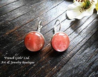 Cherry Quartz Earrings Dangle Drop Round Geometric Oval Pink Gemstone Women Trendy Fashion Gift Nickel Free Hook Minimalist Boho Jewelry