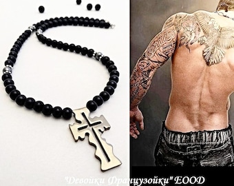 Mens Beaded Black Onyx Hematite Mala Necklace Steel Cross Pendant Gray Charm Healing Crystal Stone Meditation Jewelry