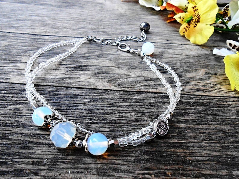 Moonstone Opalite Anklet Foot Bracelet Boho Beach Summer Yin Yang Feng Shui Healing Gemstone Crystal Stone Women Gift Bohemian Sandal Gipsy image 5