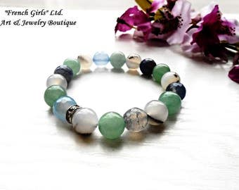 Gemstone Bracelet Aquamarine Agate Jade Nephrite Beads Green Blue Healing Stone Crystal Jewelry Chakra Stretch Meditation Zen Gems Bracelet