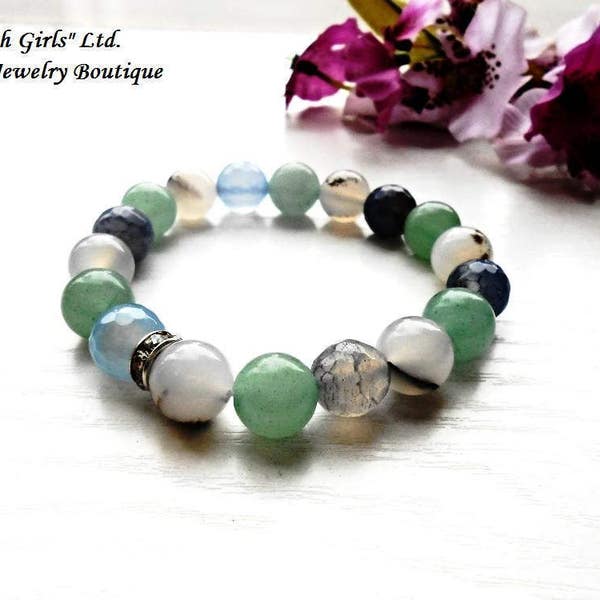 Gemstone Bracelet Aquamarine Agate Jade Nephrite Beads Green Blue Healing Stone Crystal Jewelry Chakra Stretch Meditation Zen Gems Bracelet