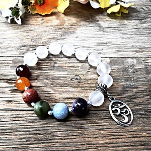 Chakra Gemstone Bracelet Agate Clear quartz Rock Crystal Beaded Healing Crystal Stone Yoga Zen Meditation Mala Jewelry Ohm Charm Pendant image 3