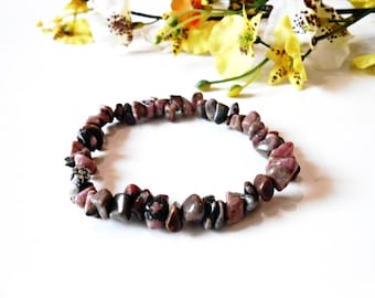 Rhodonite Raw Gemstone Bracelet Pink Brown Meditation Chakra Healing Crystal Stone Yoga Cut Irregular Rough Gems Chips Women Girl Bracelet