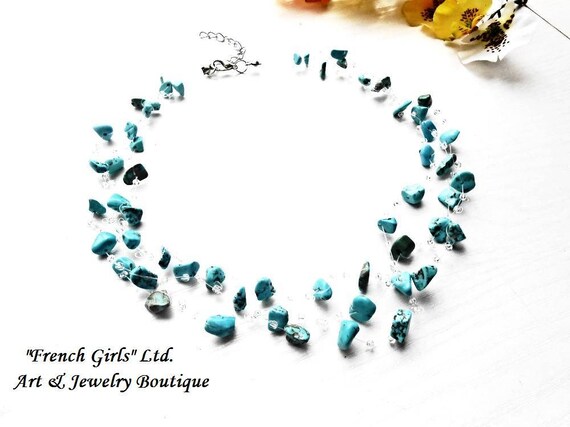Raw Turquoise Gemstone Air Necklace Statement Crochet Multistrand Blue Healing Stone Crystal Glass Seed Beads Floating Invisible Cut Rough
