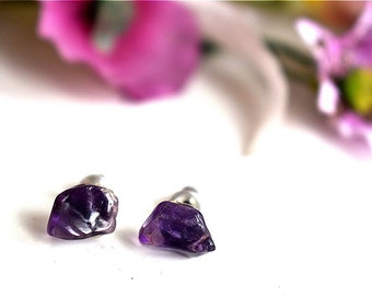 Raw Amethyst Tiny Stud Gemstone Earrings February Birthstone  Purple Violet Healing Stone Irregular Srone Bohemian Purple Violet Jewelry