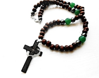 Wooden Mens Cross Crucifix Necklace Beaded Gemstone Hematite Green Jade Steel Pendant Meditation Mala Yoga Zen Brown Healing Stone Crystal