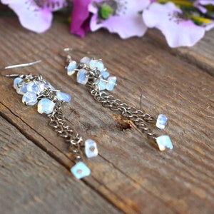 Raw Moonstone Opalite Dangle Beaded Blue Earrings Gemstone Genuine Bohemian Boho Cut Rough Art Jewelry Healing Raw Stone Crystal Earrings image 4