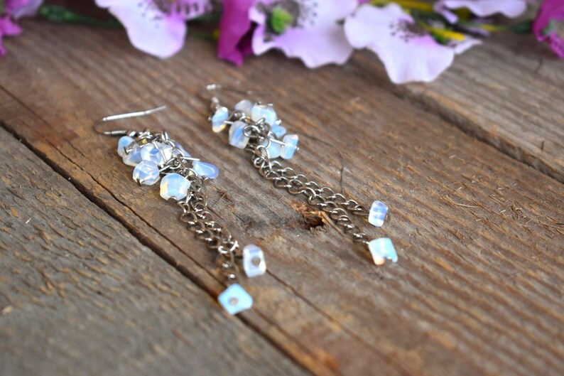 Raw Moonstone Opalite Dangle Beaded Blue Earrings Gemstone Genuine Bohemian Boho Cut Rough Art Jewelry Healing Raw Stone Crystal Earrings image 4