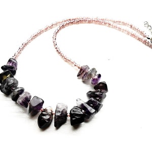 Raw Amethyst Necklace Gemstone Glass Seeds Beaded Women Purple Cut Rough Irregular Violet Healing Stone Boho Bohemian Statement Bib Jewelry image 1