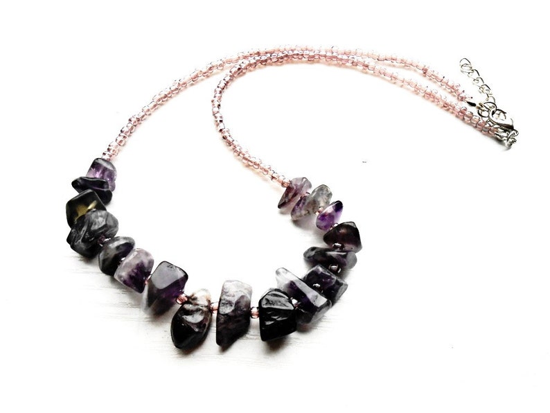 Raw Amethyst Necklace Gemstone Glass Seeds Beaded Women Purple Cut Rough Irregular Violet Healing Stone Boho Bohemian Statement Bib Jewelry image 1