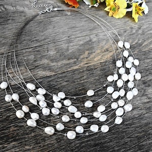 Wedding Freshwater Pearl Necklace Natural Cultured White Multistrand Floating Invisible Illusion Statement Bride Bridal Bridesmaid Jewelry